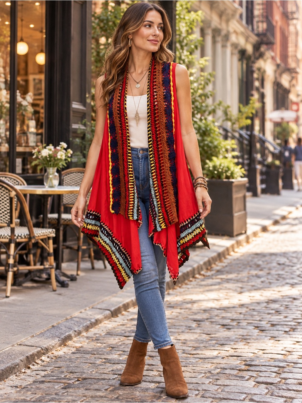 Double Zero Med. Vibrant Red Sleeveless Crochet Multi Colored Trimmed Vest